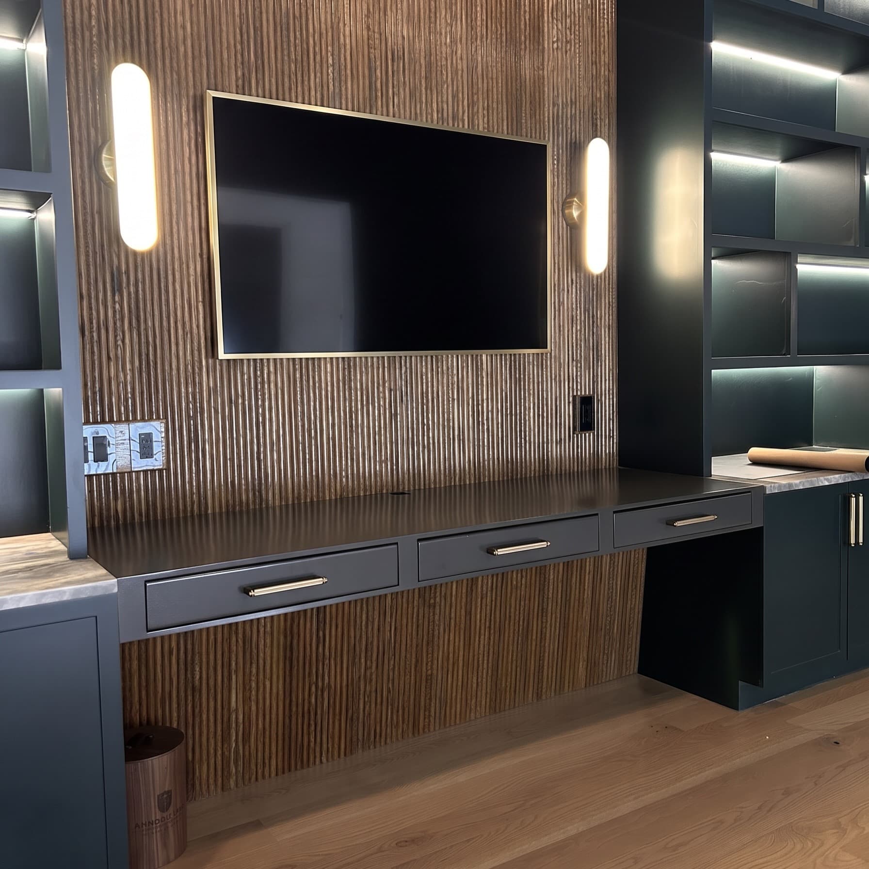 Custom blackened steel desk with knurled brass hardware made in Dallas